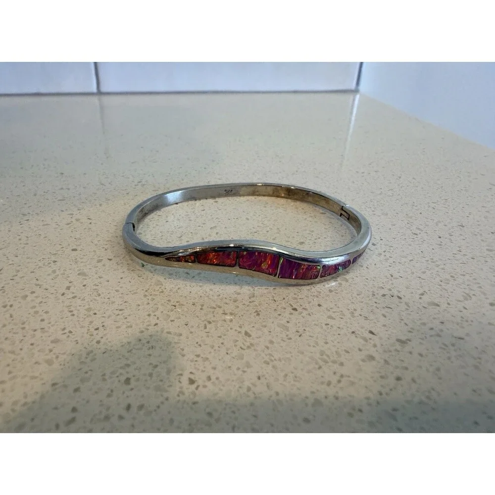 Vintage Sterling Silver Mexico Hinged Fire Opal Inlay Bracelet 7”